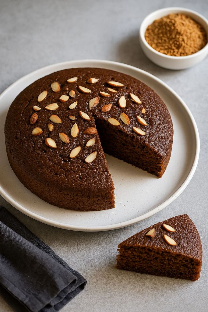 Soft and moist finger millet (ragi) cake topped with chopped nuts, served as a healthy dessert.