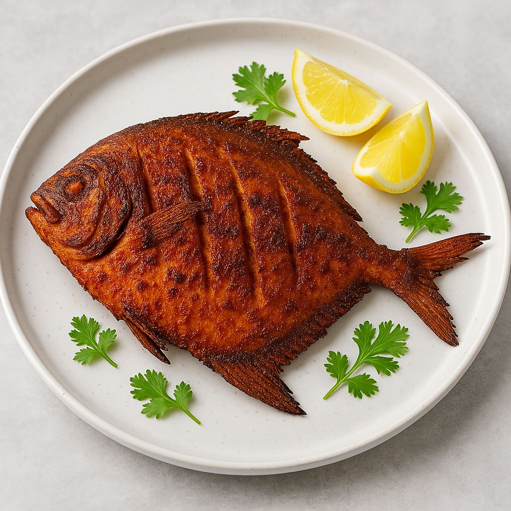 Golden fried pomfret fish coated in spices, crispy and served with onion rings and lemon wedges.