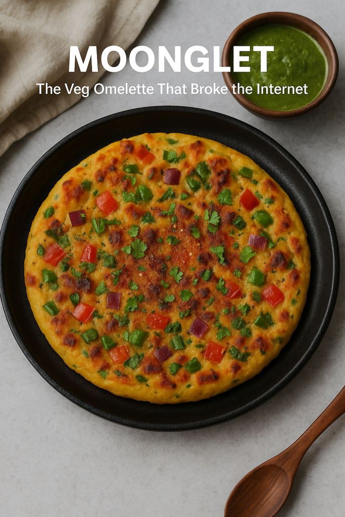 Fluffy vegetarian moonglet omelette made with moong dal and mixed vegetables, served in a skillet.