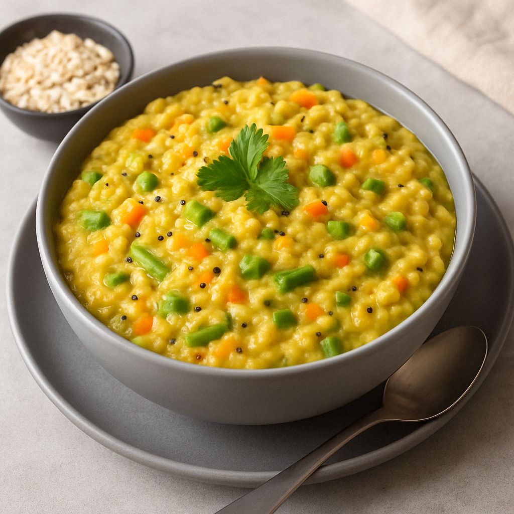 Healthy oats and moong dal khichdi cooked with vegetables, garnished with ghee and coriander.