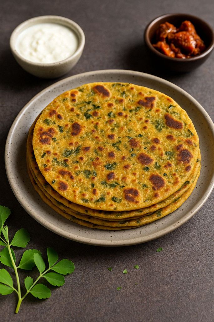 Flaky methi paratha made with fresh fenugreek leaves and whole wheat flour, served with pickle and curd.