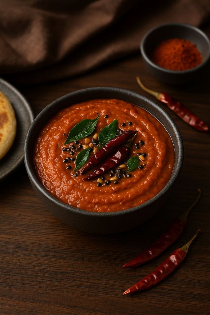 South Indian tomato chutney with mustard seeds and curry leaves, served in a rustic bowl.