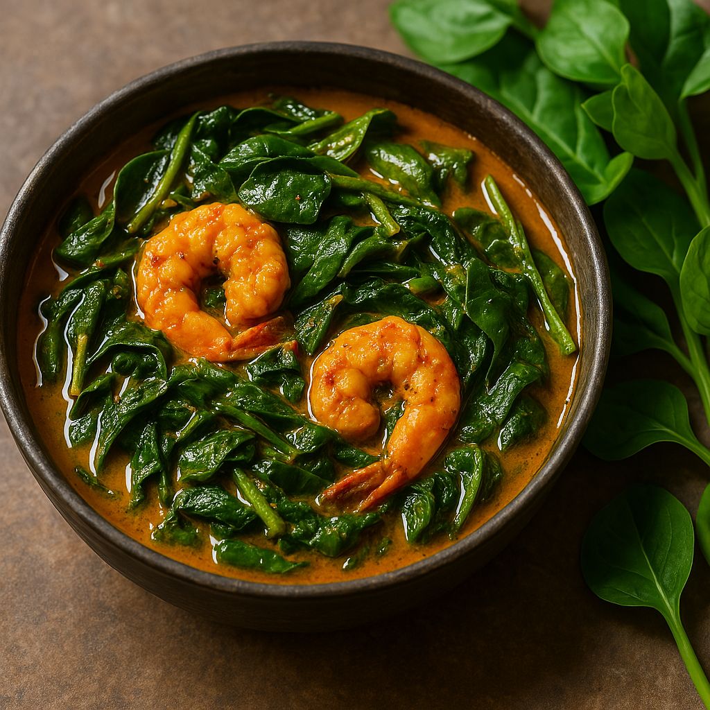 Bengali-style Malabar spinach and prawns curry with mustard and garlic, served hot with rice.