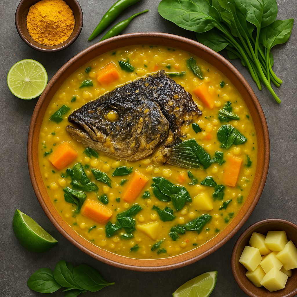 Spicy Odia-style fish head curry cooked with vegetables and mustard, served in a traditional bowl.